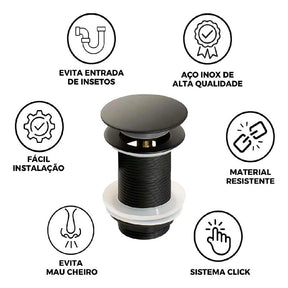 Válvula Click De Inox P/ Cuba Pia de Banheiro Lavatório Preto Black
