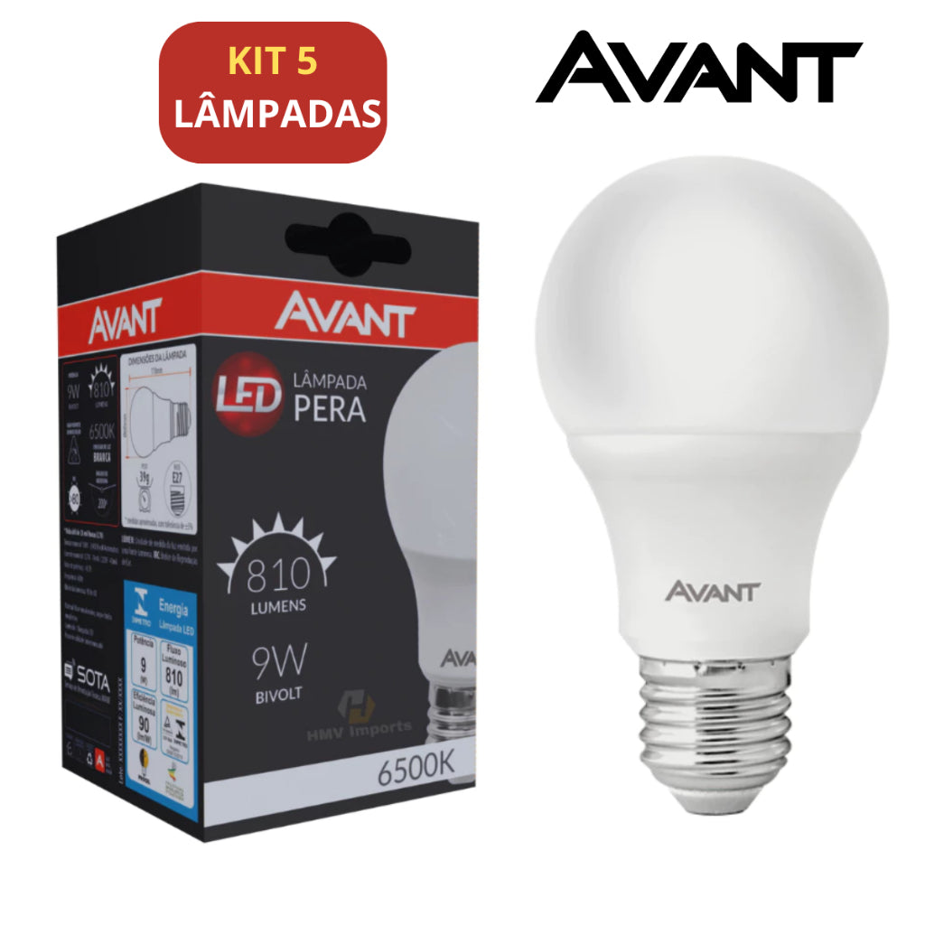 Kit 5 Lâmpada Led Bulbo 9W 6500k Branco Frio E27 Avant