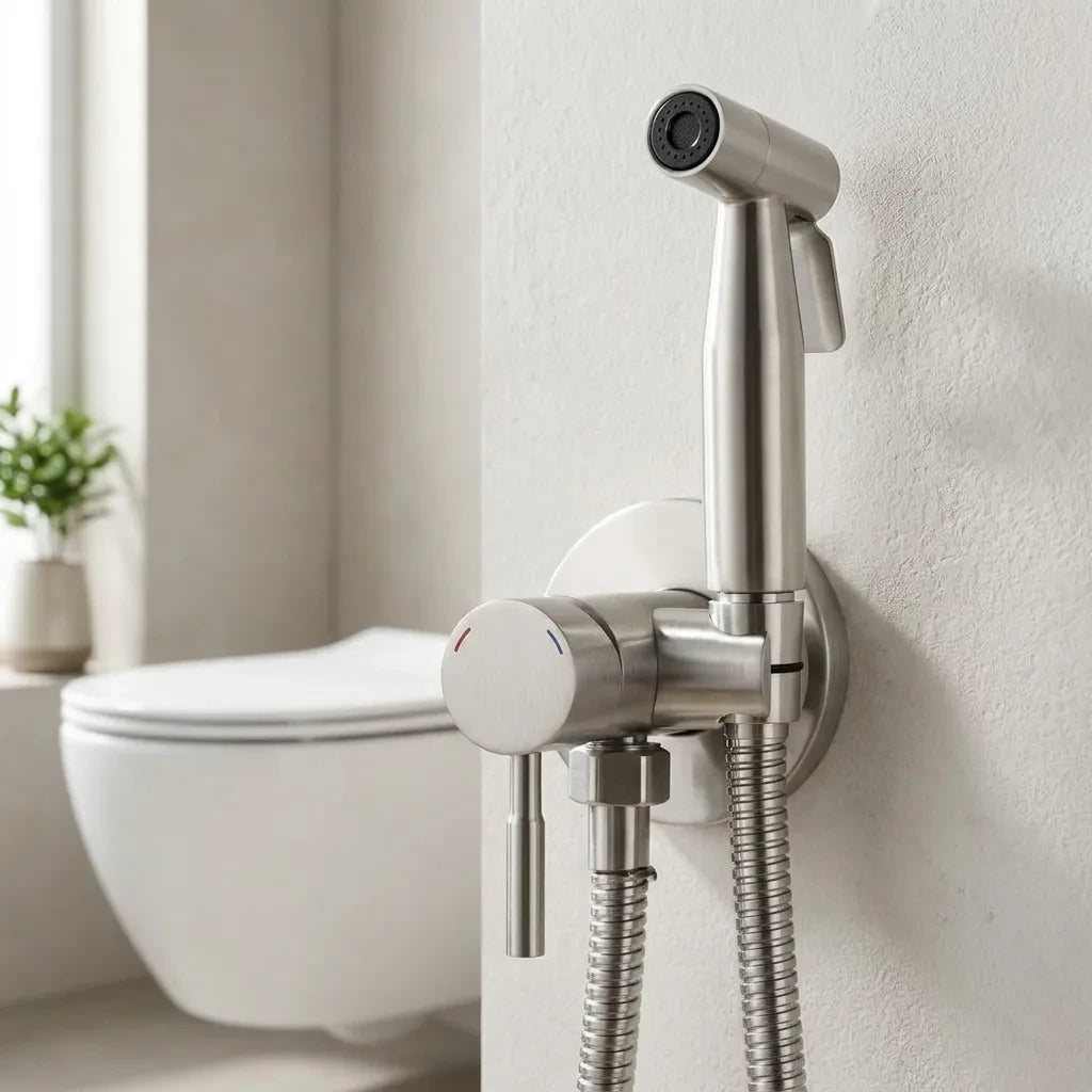 Ducha higiênica para banheiro cromado escovado instalada em banheiro moderno claro ao lado do vaso — Toque de Casa