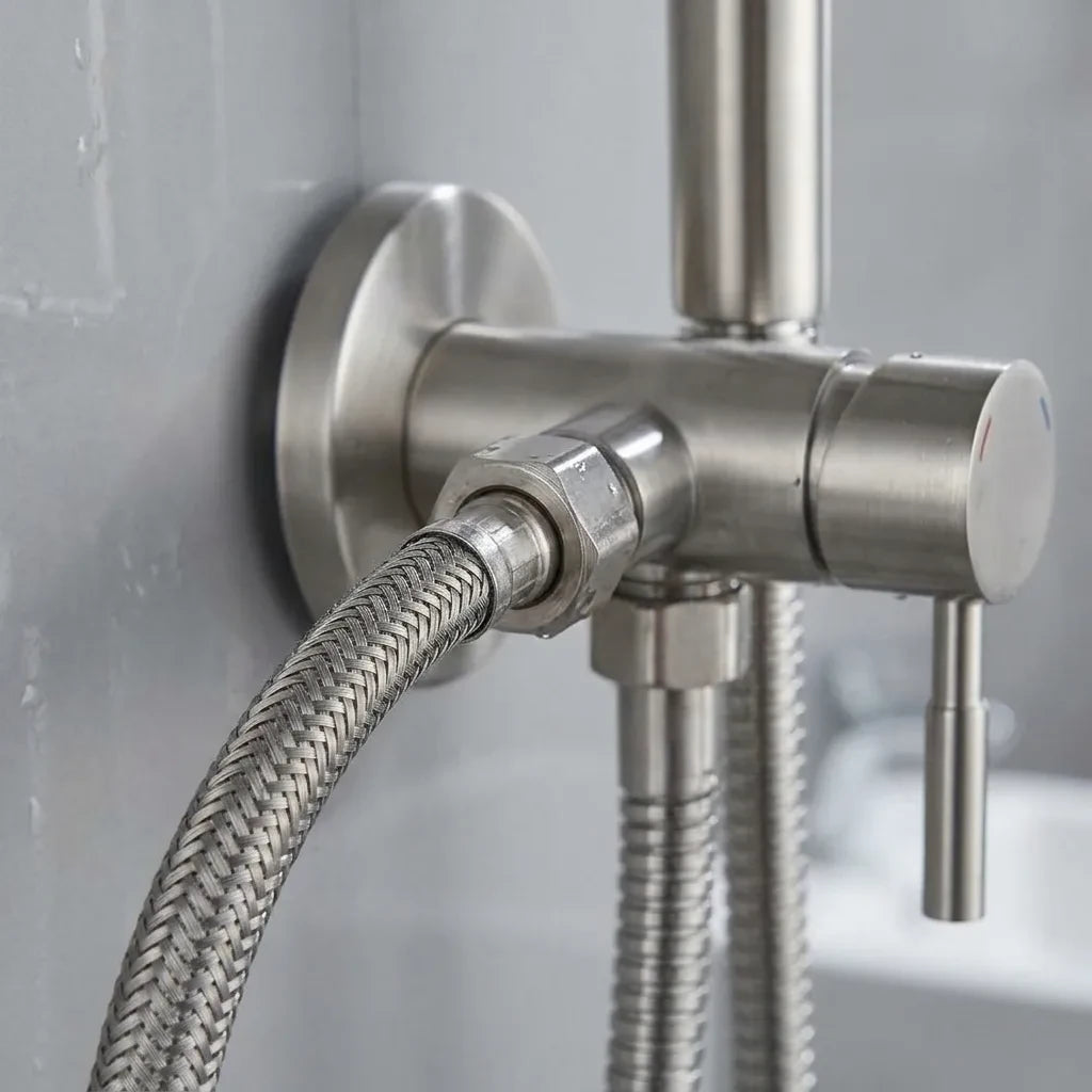 Ducha higiênica para banheiro cromado escovado, detalhe da mangueira flexível trançada — Toque de Casa