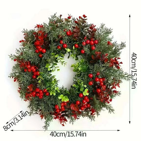 Ficha de medidas da guirlanda com folhagem e frutos vermelhos: 40 cm de largura e altura; espessura indicada de 8 cm.