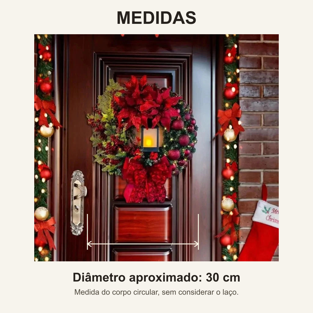 Fotografia da guirlanda vermelha com lanterna e cota de diâmetro aproximado de 30 cm no corpo circular.