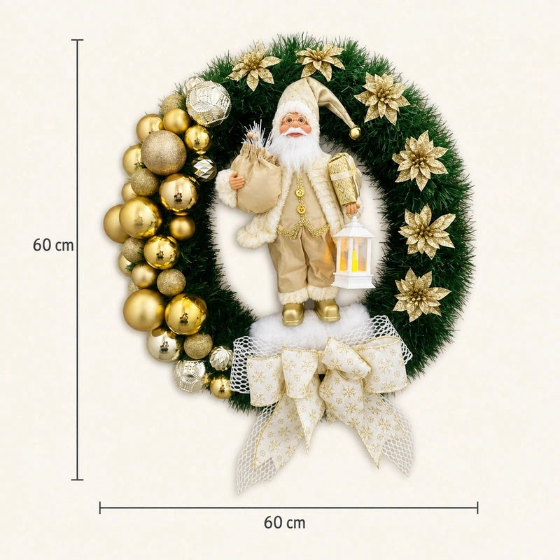 Guirlanda com Papai Noel dourado e cotas de 60 cm na altura e na largura, conforme imagem original.