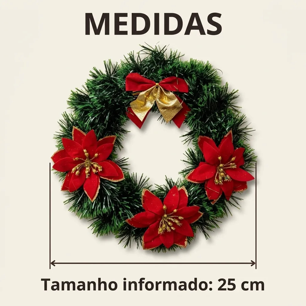 Guirlanda verde com três flores vermelhas e laço, com seta horizontal e tamanho informado de 25 cm.