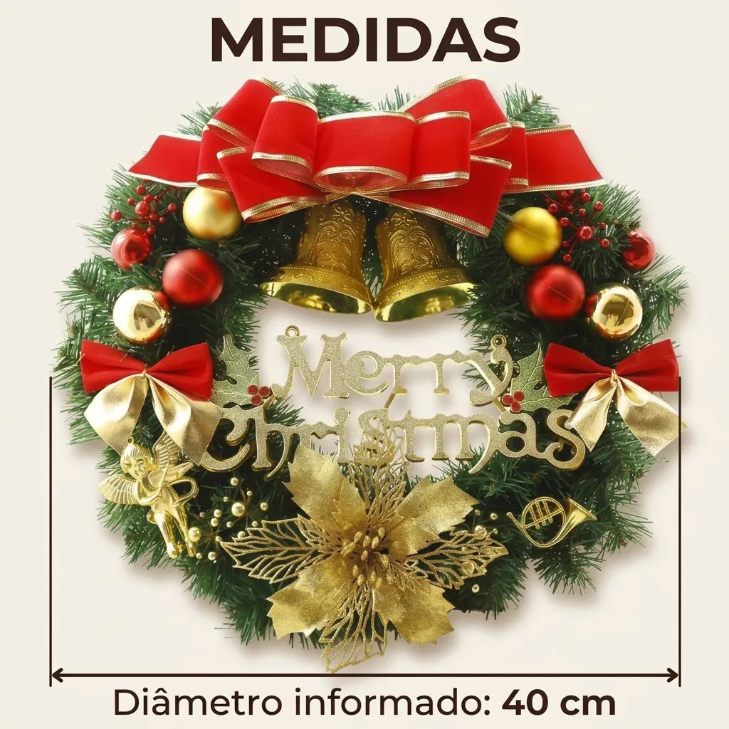 Guirlanda vermelha e dourada com sinos e placa Merry Christmas, com diâmetro informado de 40 cm.
