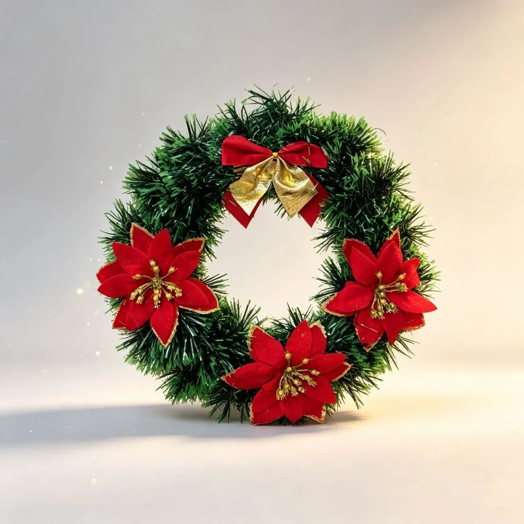 Guirlanda de Natal verde com três flores vermelhas e laço em fundo claro. Modelo do kit com 2 unidades iguais.