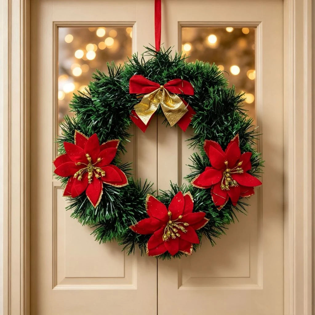 Guirlanda natalina com flores vermelhas e laço decorando uma porta