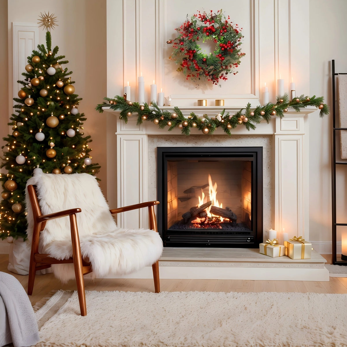 Guirlanda de Natal verde e vermelha 35 cm em ambiente decorado com árvore