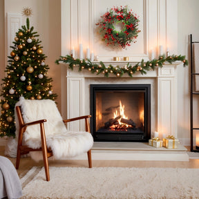 Guirlanda de Natal verde e vermelha 35 cm em ambiente decorado com árvore
