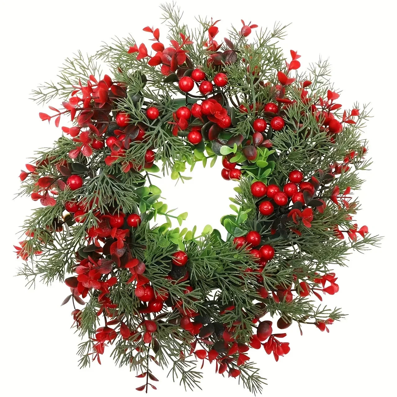 Guirlanda de Natal 35 cm com folhagem verde e frutos vermelhos em fundo branco. Modelo do kit com 2 unidades iguais.