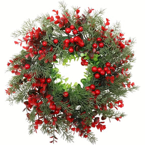 Guirlanda de Natal 35 cm com folhagem verde e frutos vermelhos em fundo branco. Modelo do kit com 2 unidades iguais.