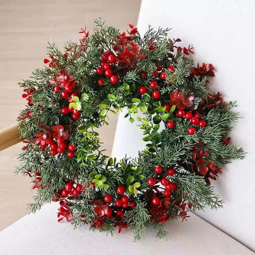 Guirlanda de Natal de 40 cm com folhagem verde, eucalipto e bagas vermelhas