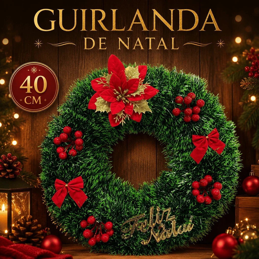 Exemplo de guirlanda Feliz Natal de 40 cm com flor vermelha, laços e frutos vermelhos. Decoração sortida, sem escolha.