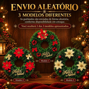 Três modelos de guirlanda Feliz Natal com flores vermelhas ou claras e aviso de envio aleatório. O kit inclui 2 peças sem escolha.
