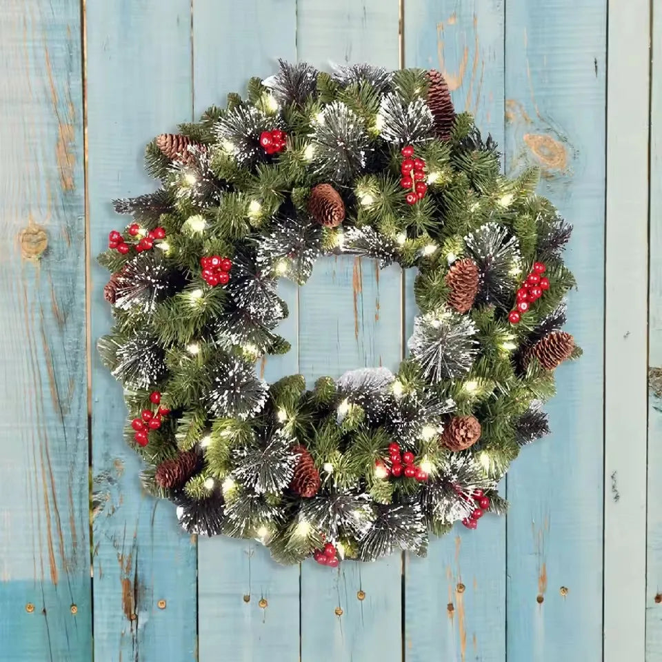 Guirlanda artificial de Natal 25 cm com luzes LED, pinhas e frutos vermelhos