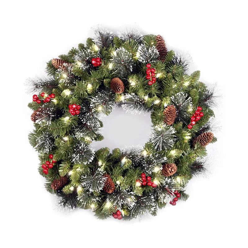 Guirlanda de Natal LED 25 cm com pinhas e bagas vermelhas em fundo branco. Modelo do kit com 2 unidades iguais.