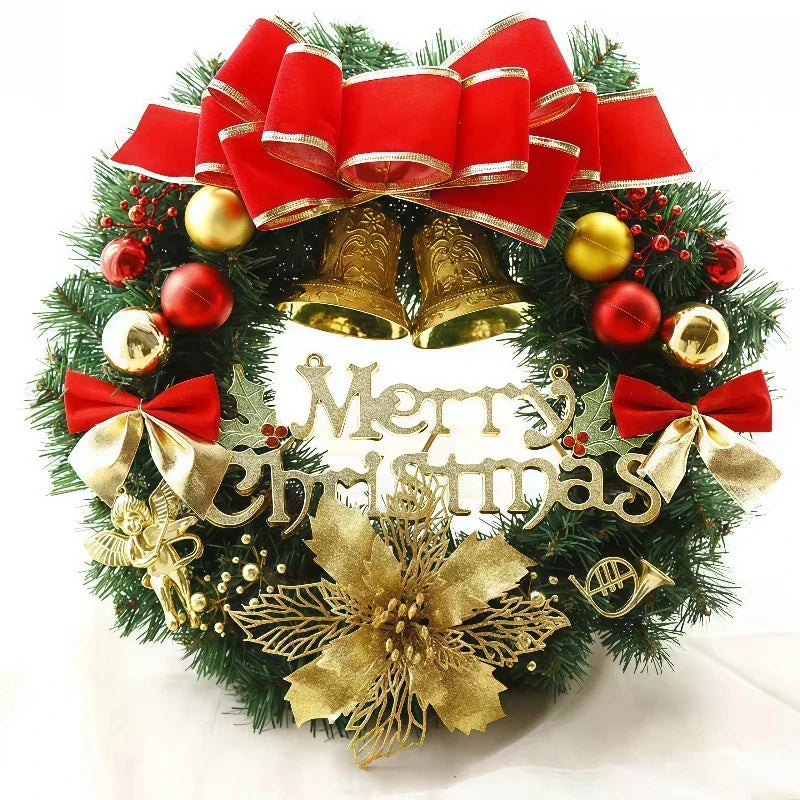 Guirlanda de Natal vermelha e dourada de 40 cm com laço, sinos e placa Merry Christmas. Modelo do kit com 2 unidades iguais.