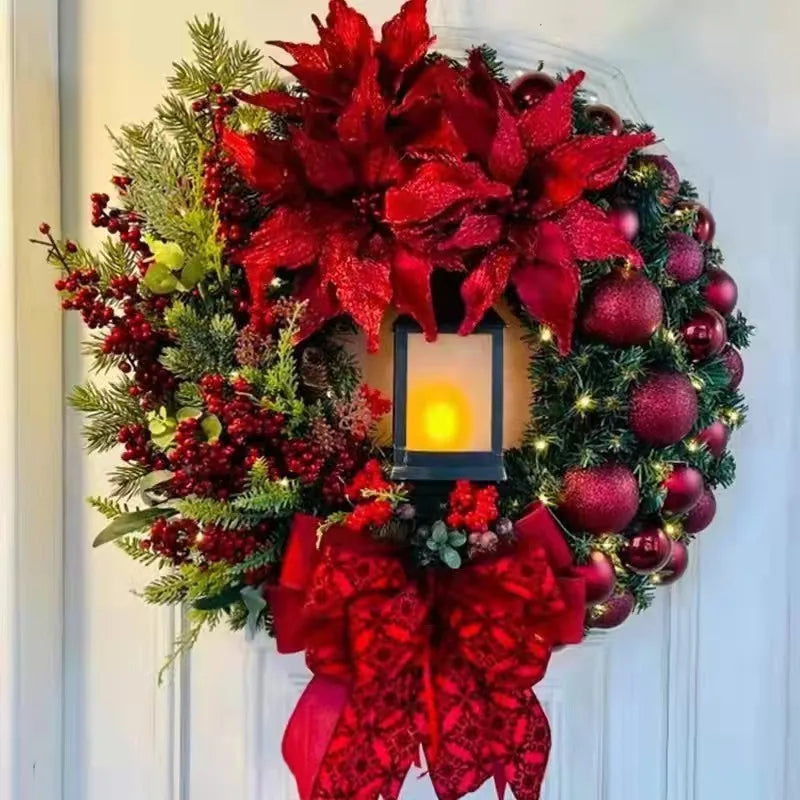 Guirlanda de Natal vermelha de 30 cm com lanterna iluminada, flores e bolas decorativas. Modelo do kit com 2 unidades iguais.
