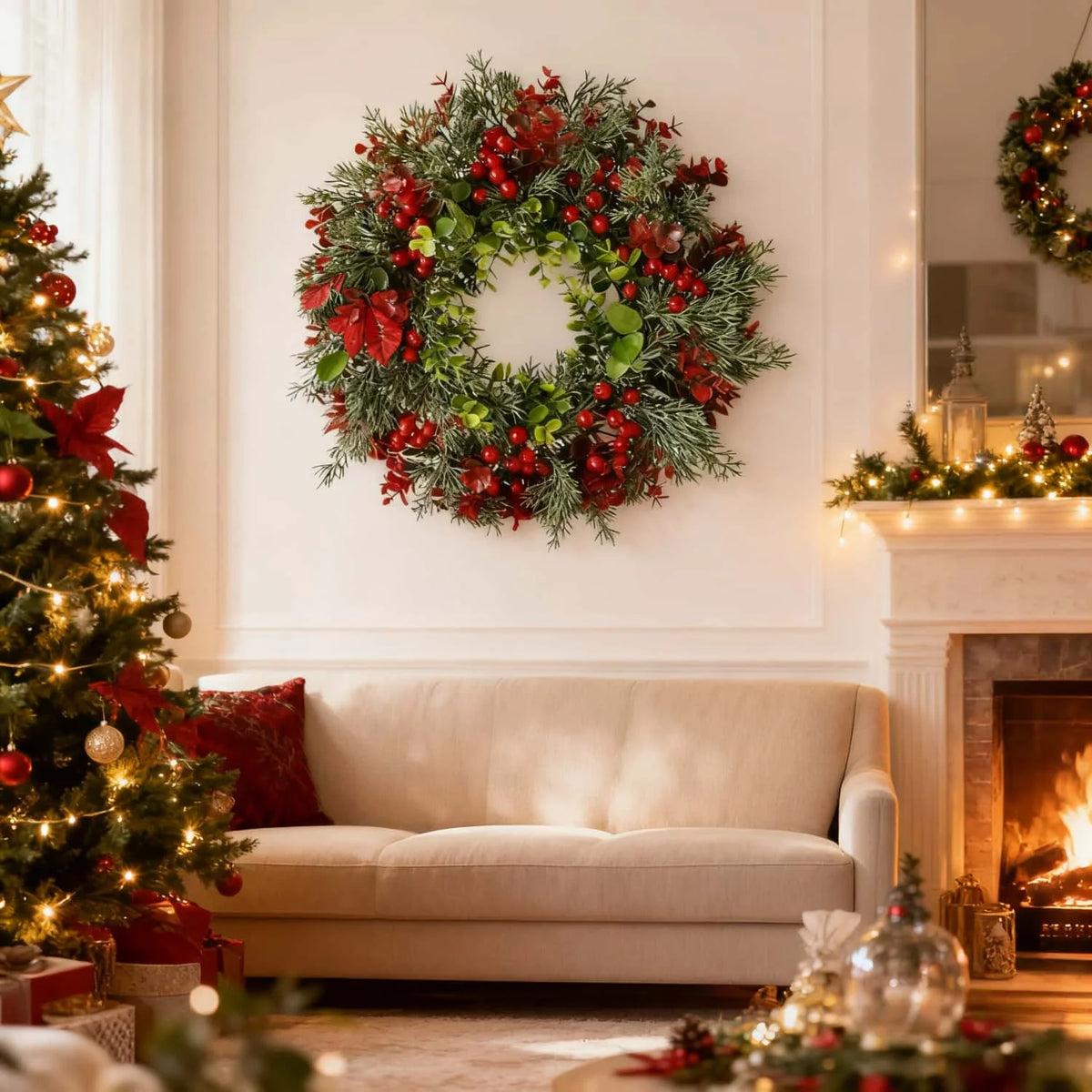 Guirlanda natalina de 40 cm com bagas vermelhas decorando parede da sala