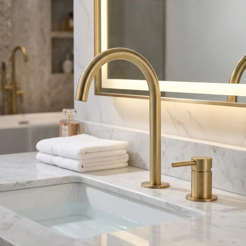 Torneira Salerno para banheiro ouro escovado, instalada em bancada de mármore branco com espelho de LED — Toque de Casa