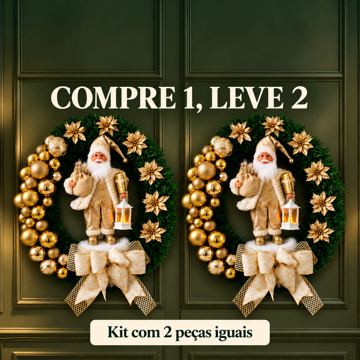 Kit com duas guirlandas de Natal iguais com Papai Noel dourado. Oferta COMPRE 1, LEVE 2.