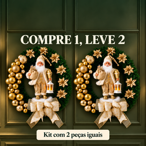Kit com duas guirlandas de Natal iguais com Papai Noel dourado. Oferta COMPRE 1, LEVE 2.