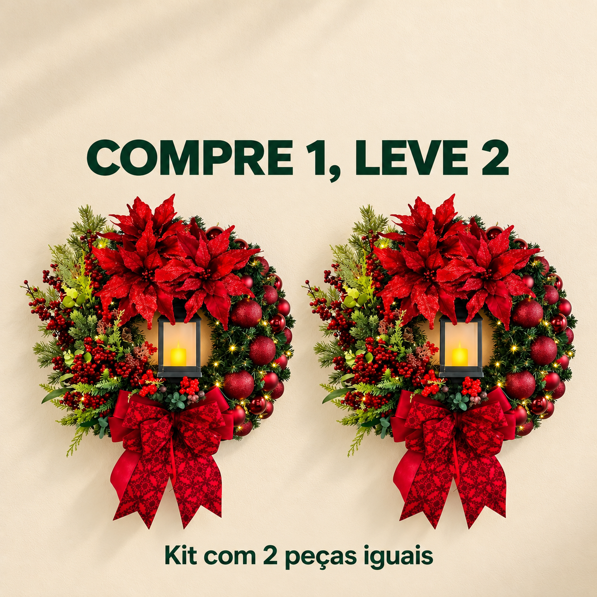 Kit com duas guirlandas de Natal vermelhas iguais com lanterna. Oferta COMPRE 1, LEVE 2.