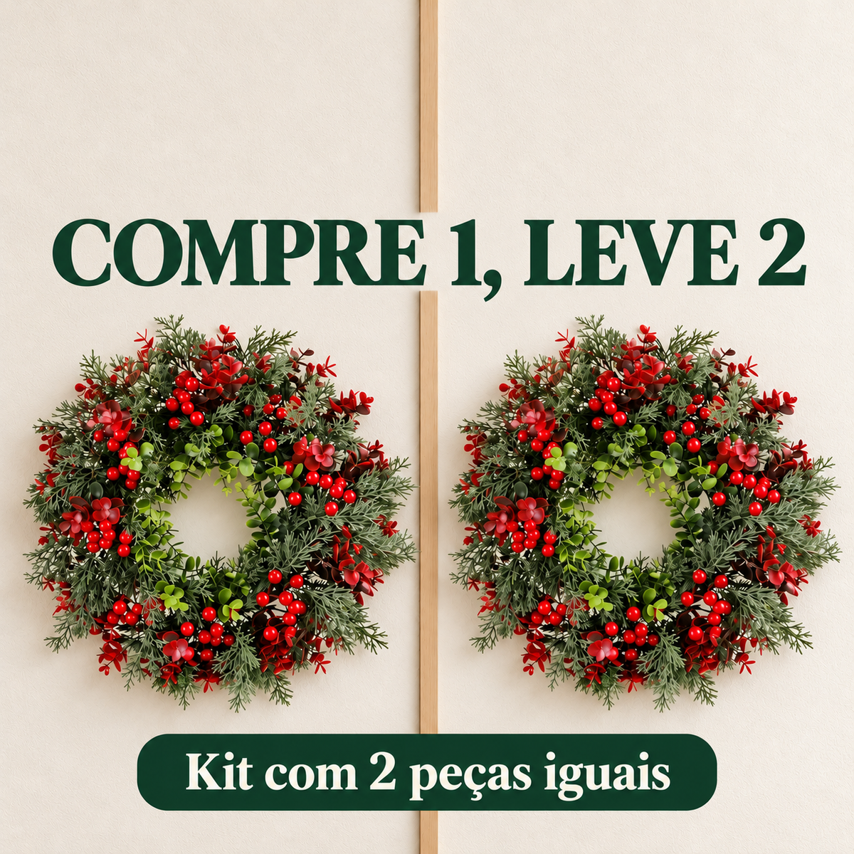 Kit com duas guirlandas de Natal iguais com eucalipto e bagas vermelhas. Oferta COMPRE 1, LEVE 2.