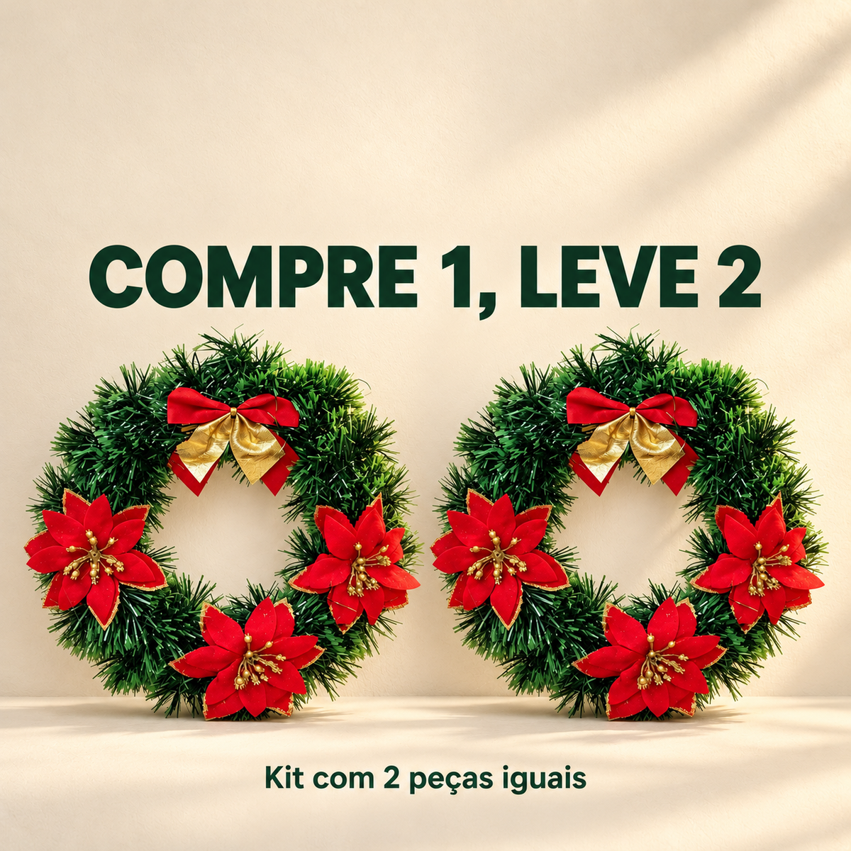 Kit com duas guirlandas de Natal iguais com flores vermelhas e laço. Oferta COMPRE 1, LEVE 2.