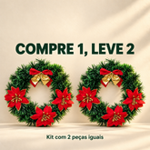 Kit com duas guirlandas de Natal iguais com flores vermelhas e laço. Oferta COMPRE 1, LEVE 2.