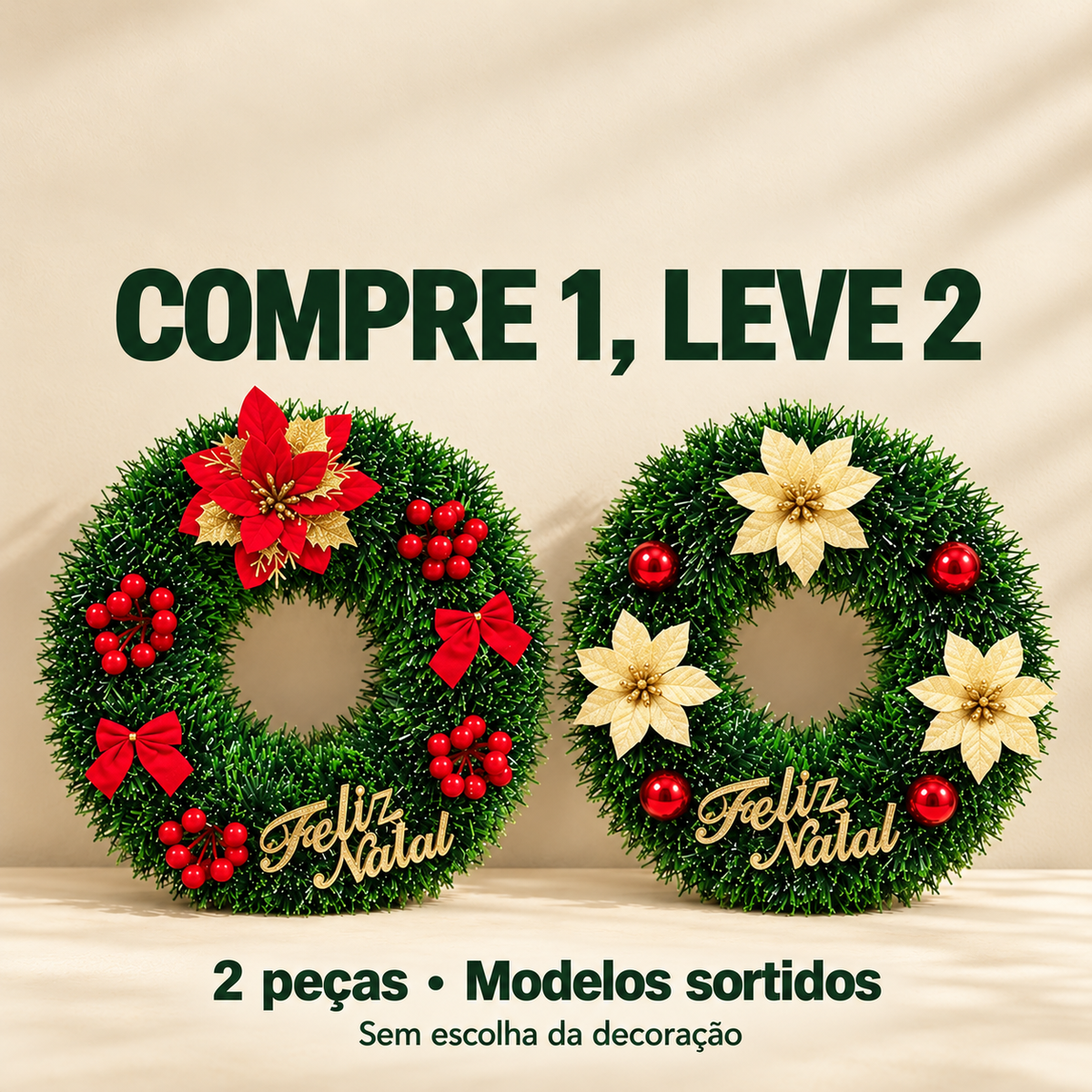 Kit com duas guirlandas Feliz Natal de modelos sortidos. Exemplos de decoração, sem escolha do modelo. Oferta COMPRE 1, LEVE 2.