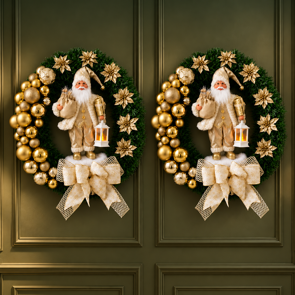 Duas guirlandas iguais com Papai Noel dourado em portas verdes.