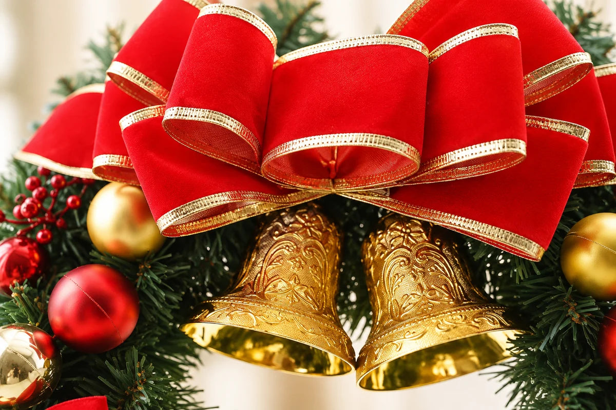 Detalhe do laço vermelho com bordas douradas e dos dois sinos da guirlanda Merry Christmas de 40 cm.