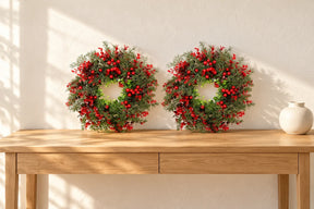 Duas guirlandas de Natal de 35 cm com folhagem e frutos vermelhos sobre aparador. Ambientação ilustrativa; móveis e objetos não acompanham.