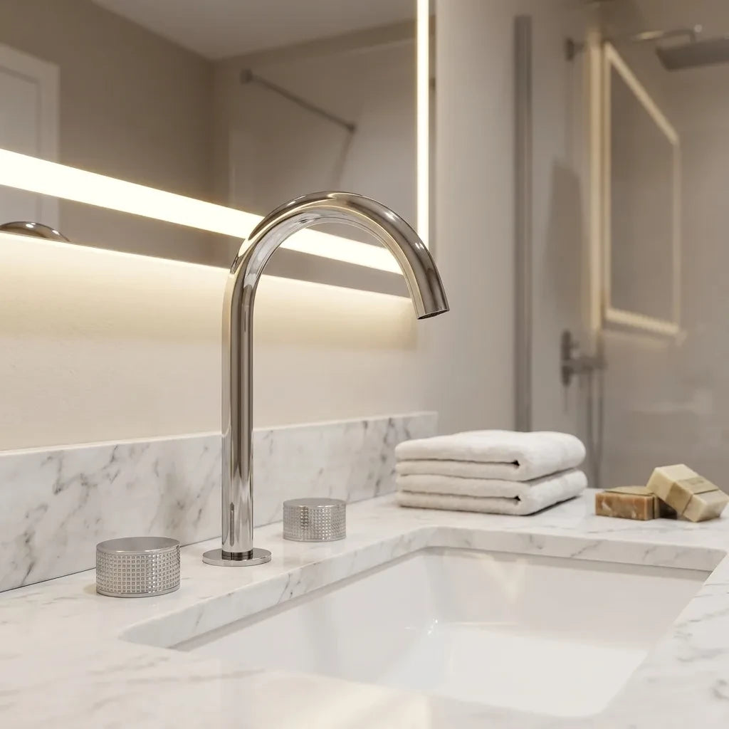 Torneira misturador banheiro 3 furos cromado com bica giratória 360° em bancada de mármore branco — Toque de Casa