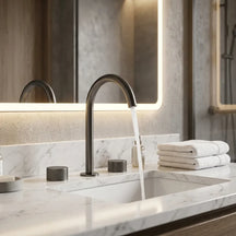 Torneira misturador banheiro 3 furos grafite gunmetal com bica giratória 360° em bancada de mármore branco — Toque de Casa