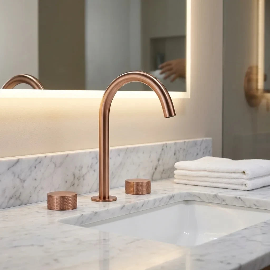 Torneira misturador banheiro 3 furos ouro rosé escovado com bica giratória 360° em bancada de mármore branco — Toque de Casa
