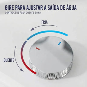Infográfico da torneira cromada brilhante: gire o registro para ajustar a saída de água quente e fria, bica 360°