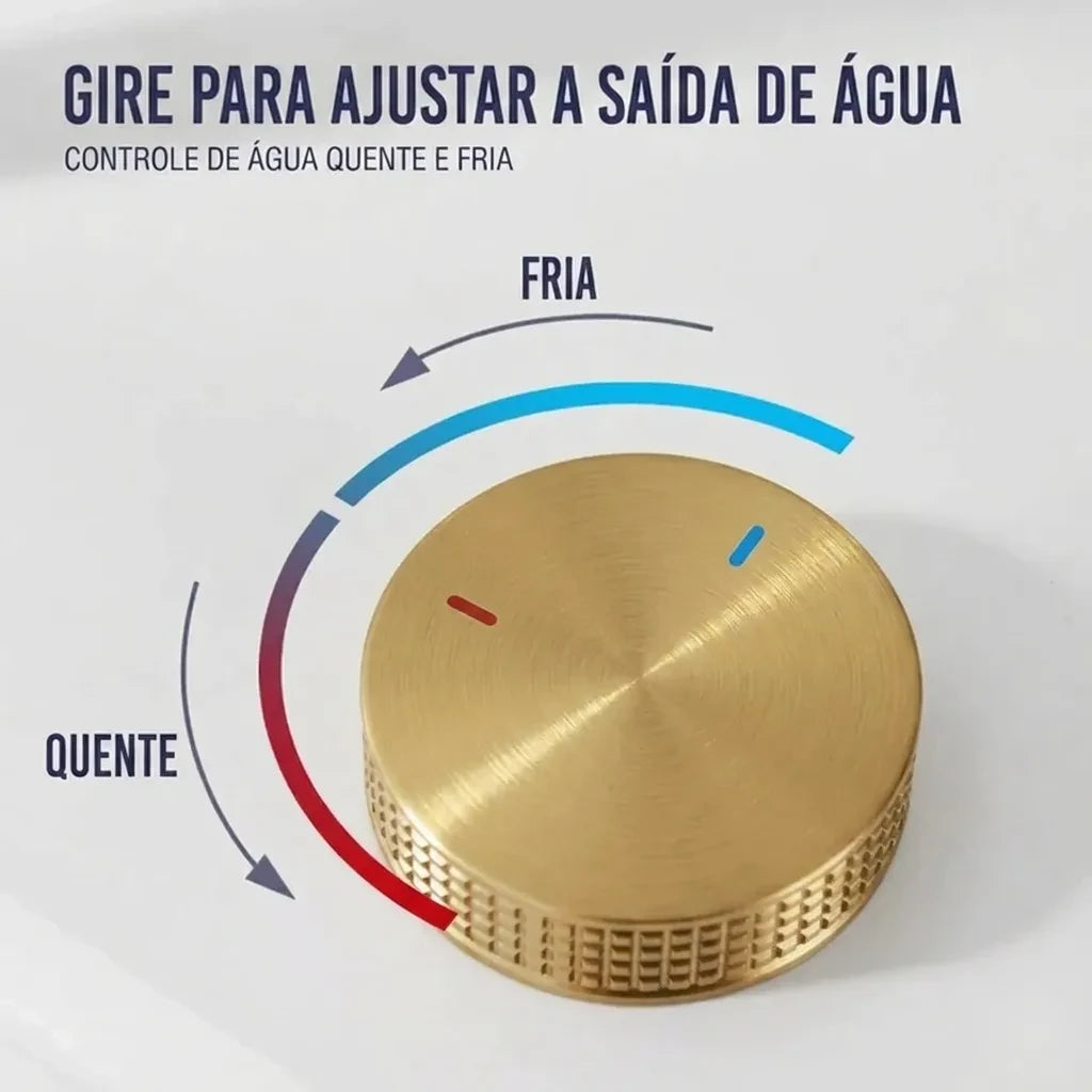 Infográfico da torneira dourado escovado: gire o registro para ajustar a saída de água quente e fria, bica 360°