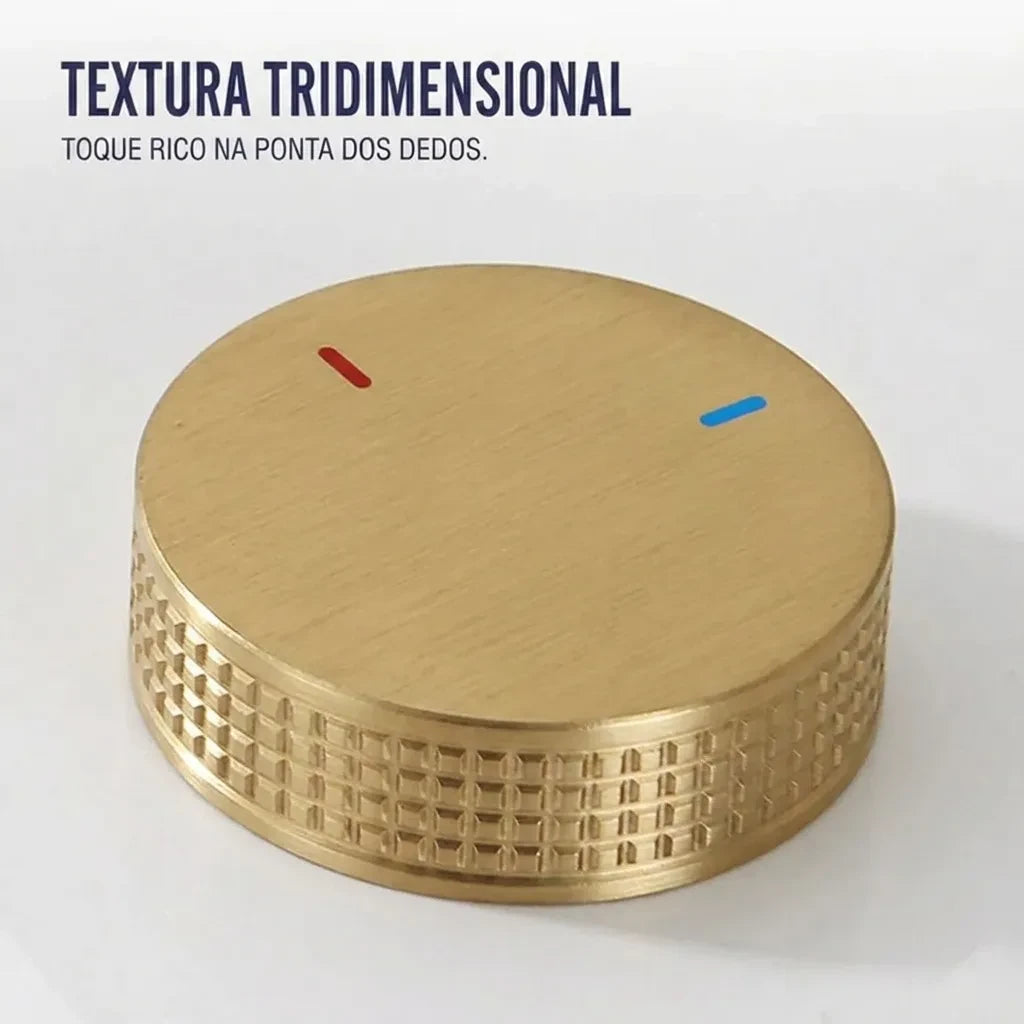 Registro dourado escovado da torneira com textura tridimensional knurled, toque premium na ponta dos dedos