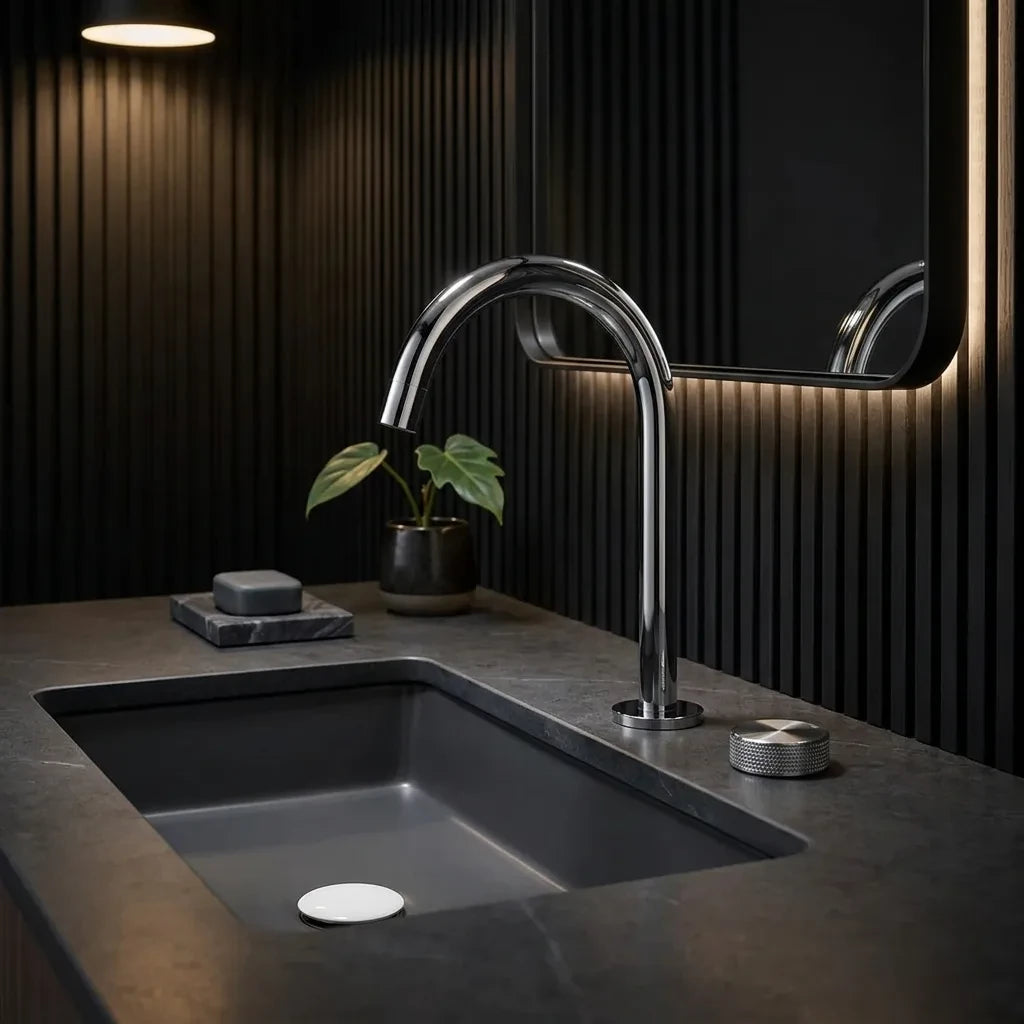 Torneira misturador cascata cromada brilhante para lavabo em bancada de pedra escura com painel ripado, design moderno