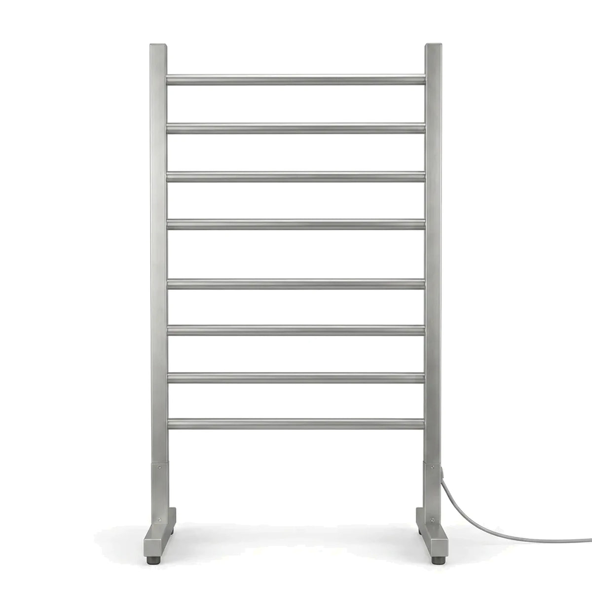 Toalheiro termico eletrico prata com base de chao e oito barras em fundo branco