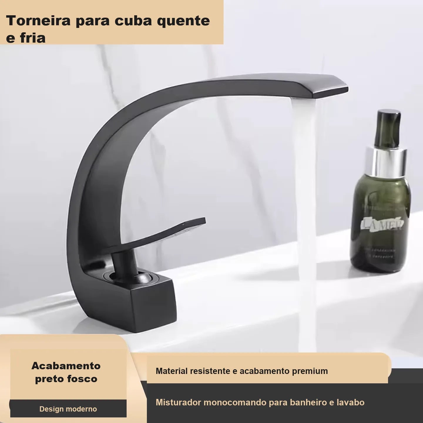 Torneira preta fosca quente e fria instalada em cuba de banheiro