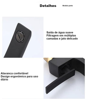 Detalhes da torneira preta fosca com saída suave e alavanca confortável