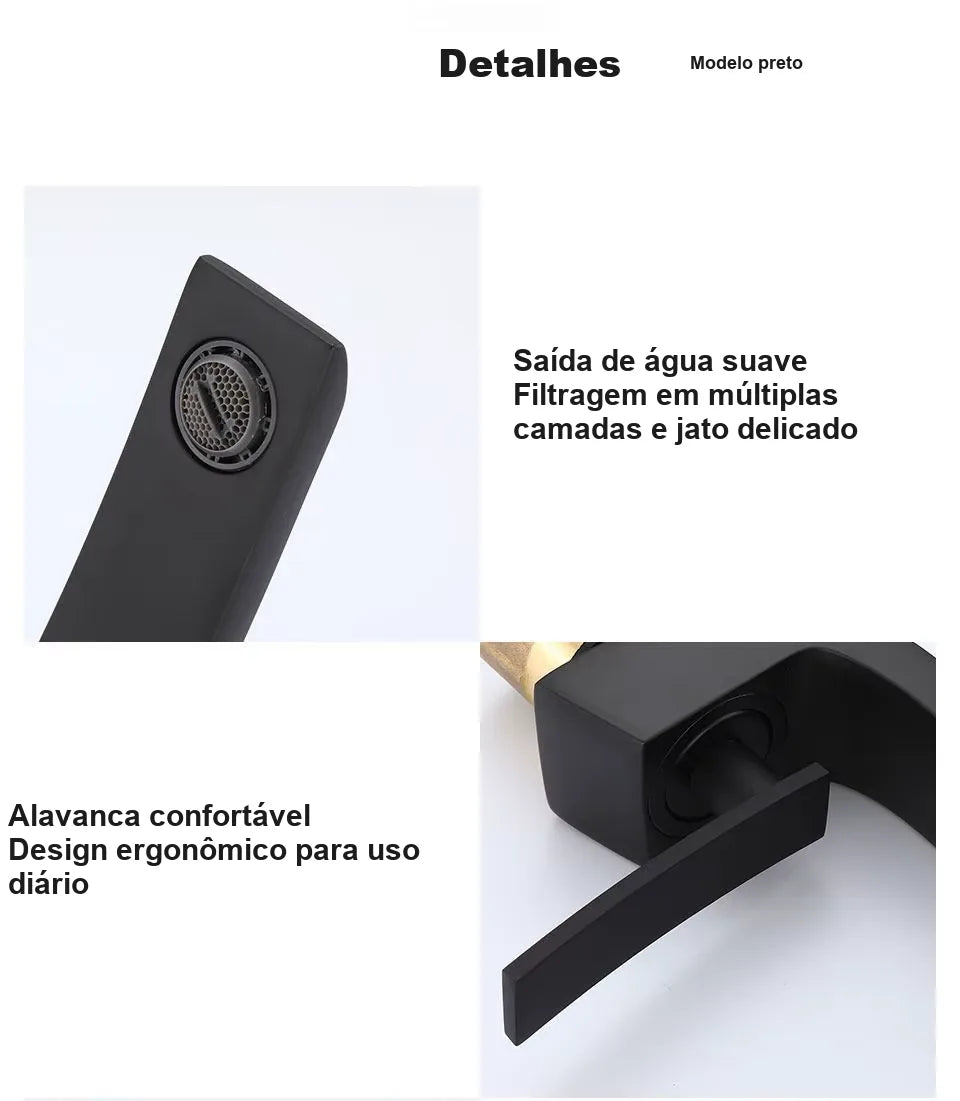 Detalhes da torneira preta fosca com saída suave e alavanca confortável
