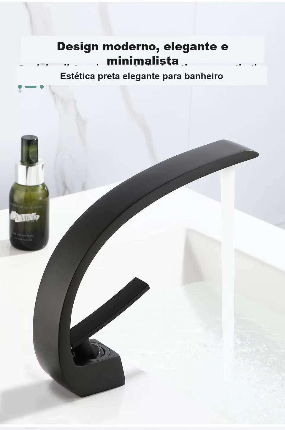 Design minimalista da torneira preta fosca para banheiro