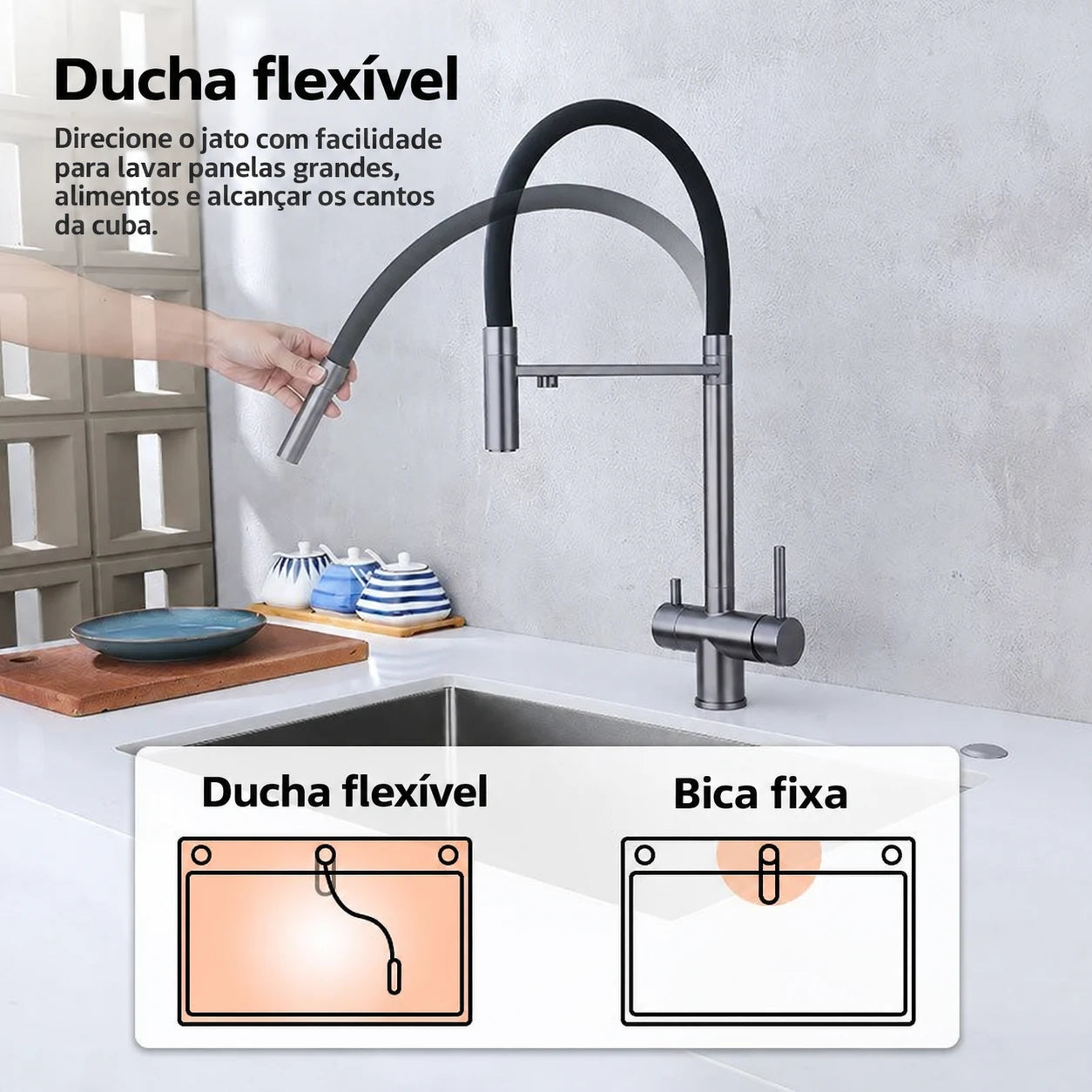 Ducha flexível da torneira gourmet grafite e comparação de alcance com bica fixa