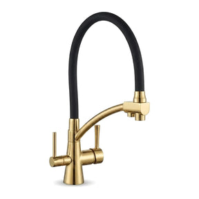 Torneira gourmet com filtro saida dupla 360 dourado brilhante em fundo branco