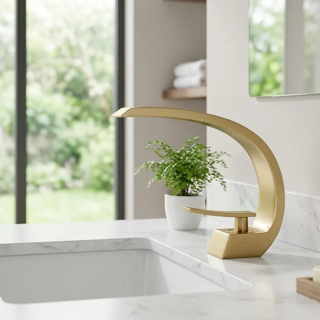 Torneira para banheiro monocomando luxury dourada escovada quente e fria, em banheiro claro e arejado com luz natural — Toque de Casa