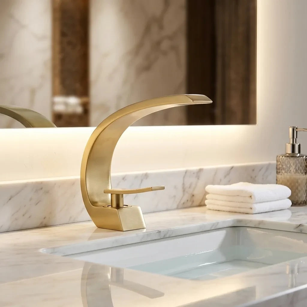 Torneira para banheiro monocomando luxury dourada escovada quente e fria, instalada em bancada de mármore branco com espelho de LED — Toque de Casa